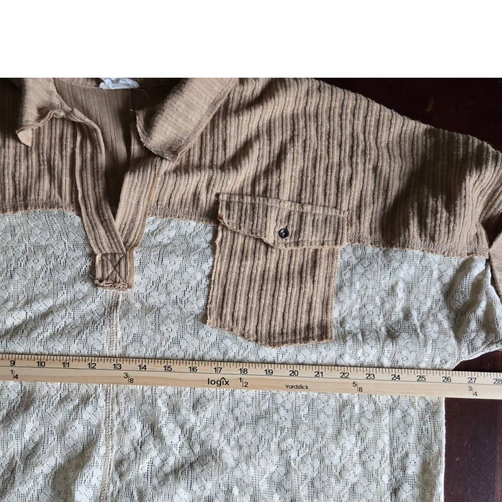 Andree by Unit Tan Ribbed Knit Cream Floral Lace Mixed Media Top Large - Picture 6 of 7